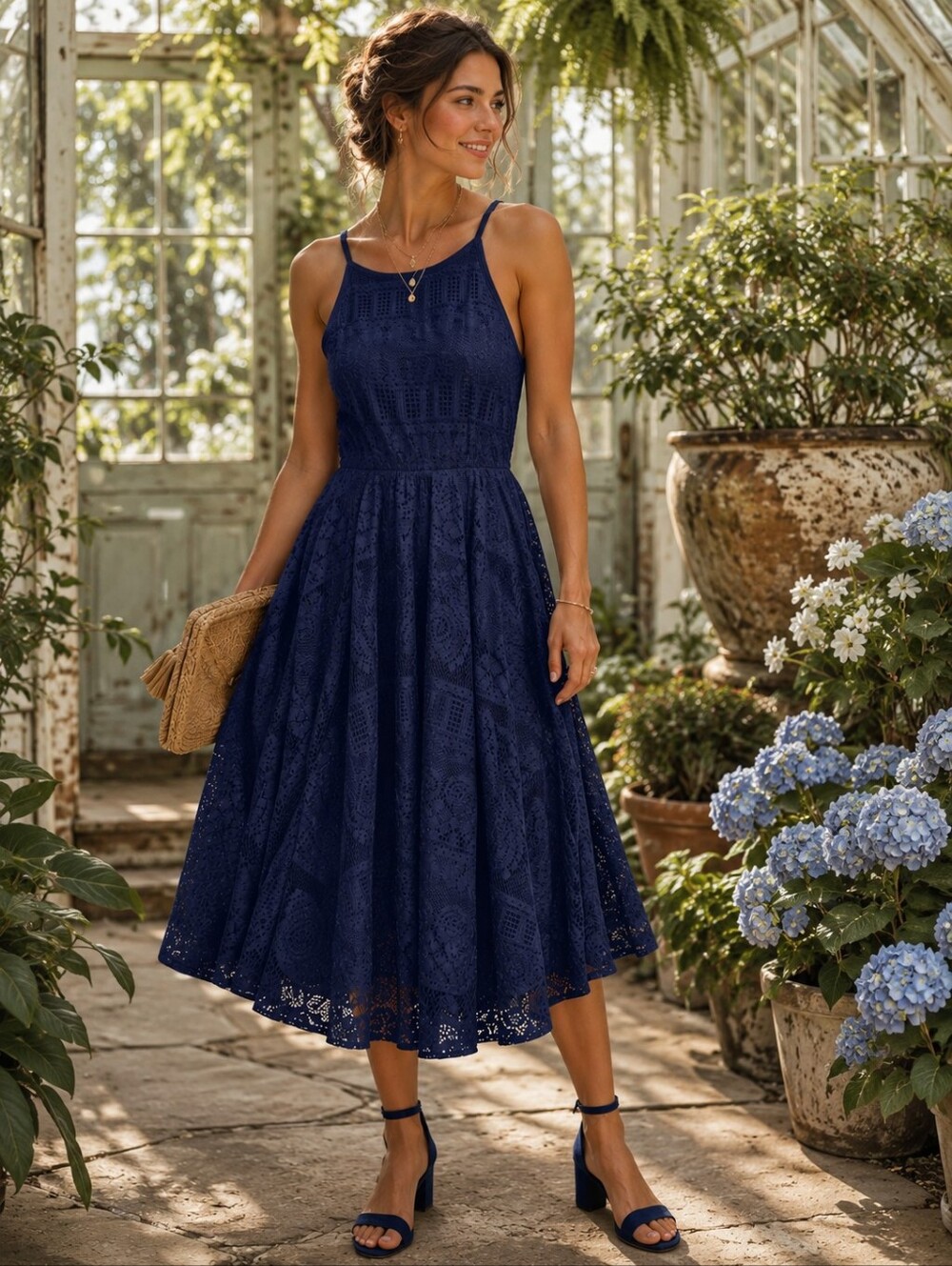 Bailey Blue Women's Large Navy Blue Lace Fit Flare Midi Sleeveless Halter Dress